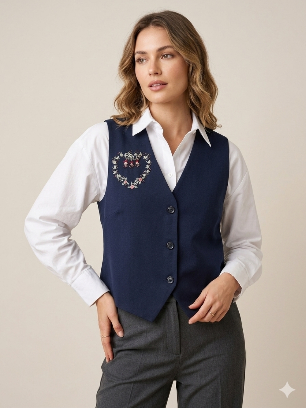 Handmade Navy Embroidered Floral Ribbon Trim Vest Boho Cottagecore L